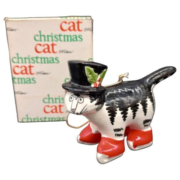 Vtg Christmas Cat Ornament Ceramic Black White Red Boots Top Hat Holiday Kliban - Picture 1 of 16